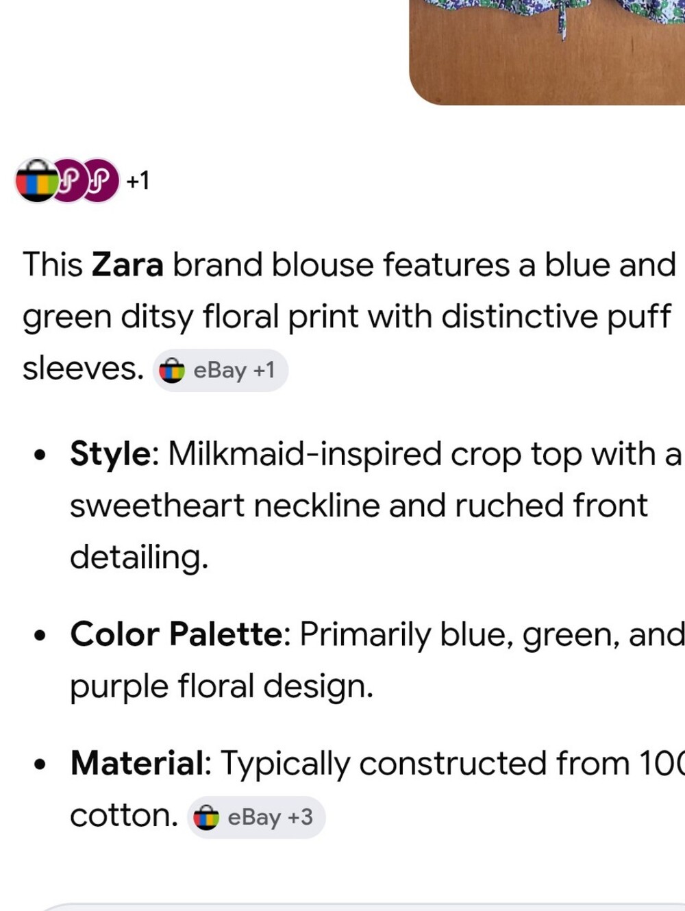 Zara dainty ditsy floral puff sleeve Milkmaid crop. Blue, green, purple. Small - Picture 16 of 16